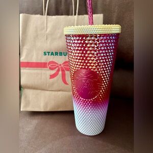 NEW Starbucks Pink and Yellow and Red ombre Studded Tumbler